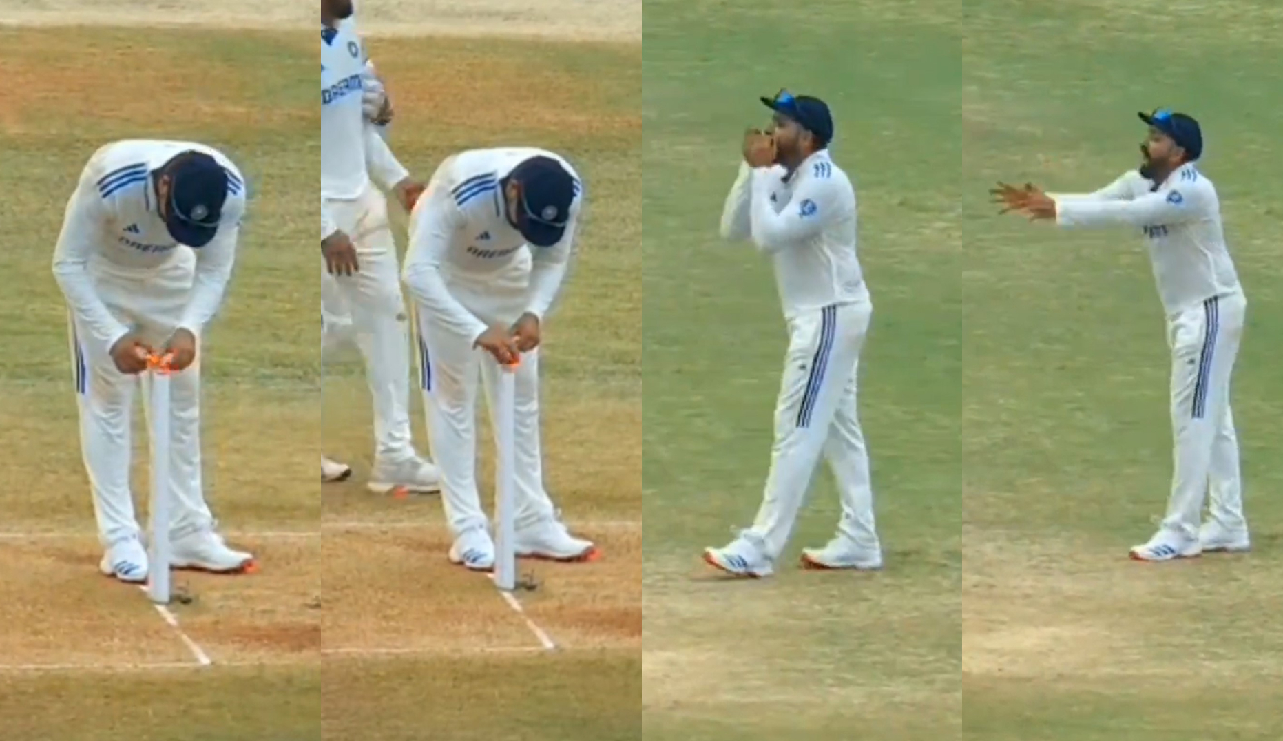 Rohit Sharma swapping bails and casting spells on the stumps | X