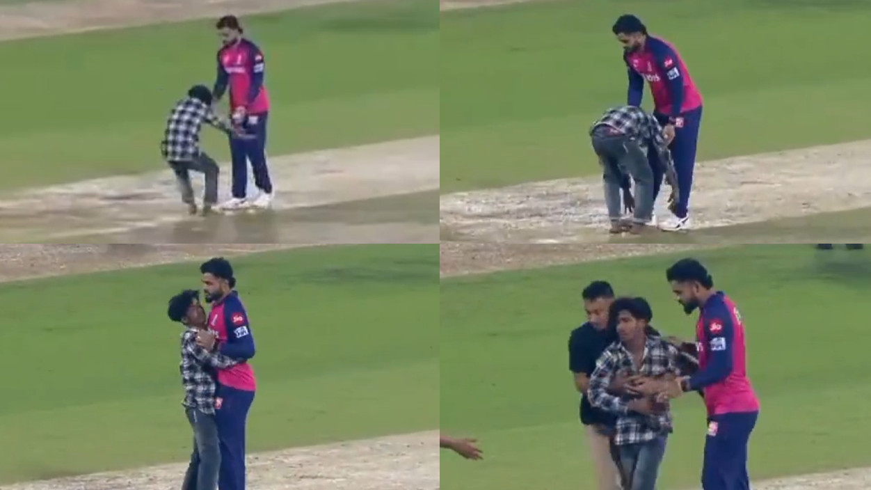 IPL 2025: WATCH- Fan breaches security to touch Riyan Parag’s feet during RR v KKR match in Guwahati