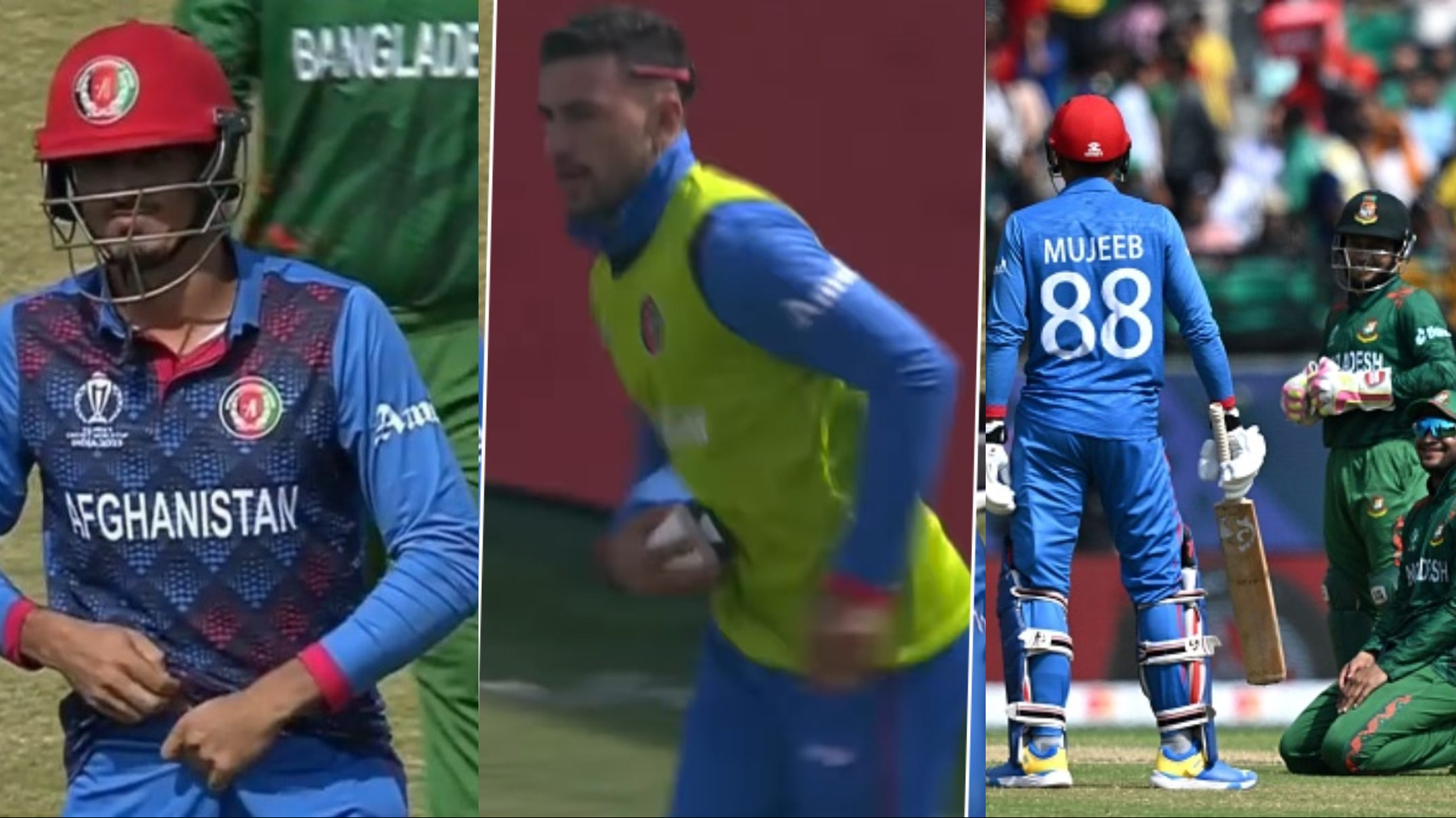 CWC 2023: WATCH- Mujeeb Ur Rahman forgets to wear his box before taking strike; Bangladeshi players react hilariously