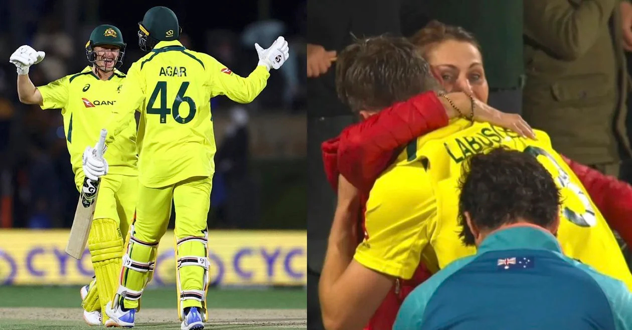 Marnus and Agar celebrate after winning the 1st ODI, Labuschagne hugs his mother | X