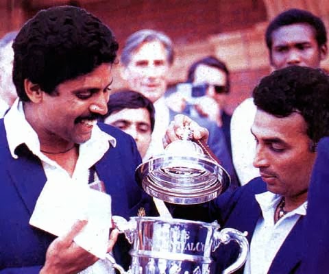 Kapil Dev and Sunil Gavaskar with the 1983 Prudential World Cup trophy