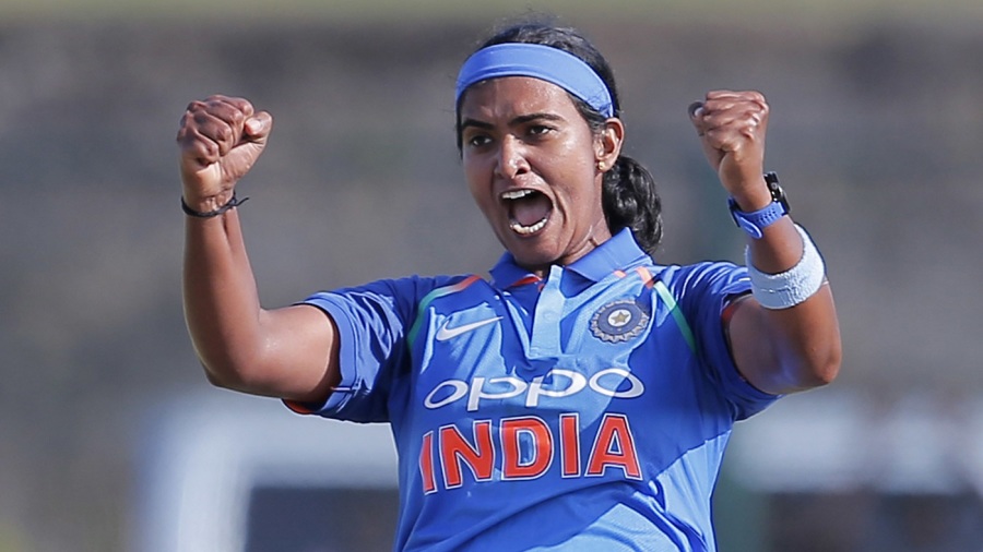 Shikha Pandey finished with career-best figures of 4 for 18 against England | AFP