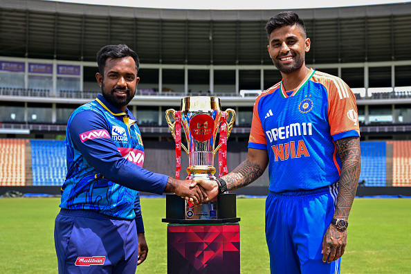 Suryakumar Yadav with his Sri Lankan counterpart Charith Asalanka ahead of the T20I series | Getty