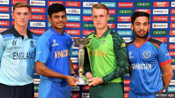 अफगानिस्तान, इंग्लैंड और साउथ अफ्रीका के अंडर-19 कप्तानो के साथ भारतीय कप्तान प्रियाम गर्ग | ICC