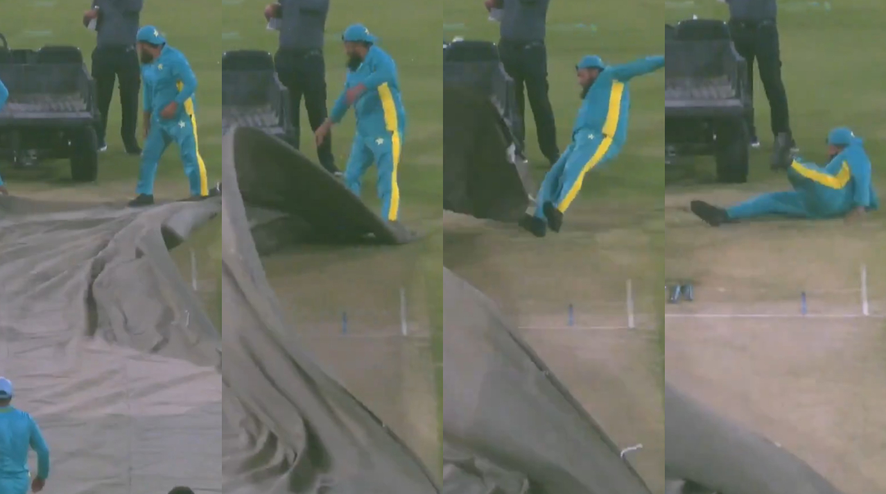 Groundsman lost his footing and fell on the ground after the cover blew away | X
