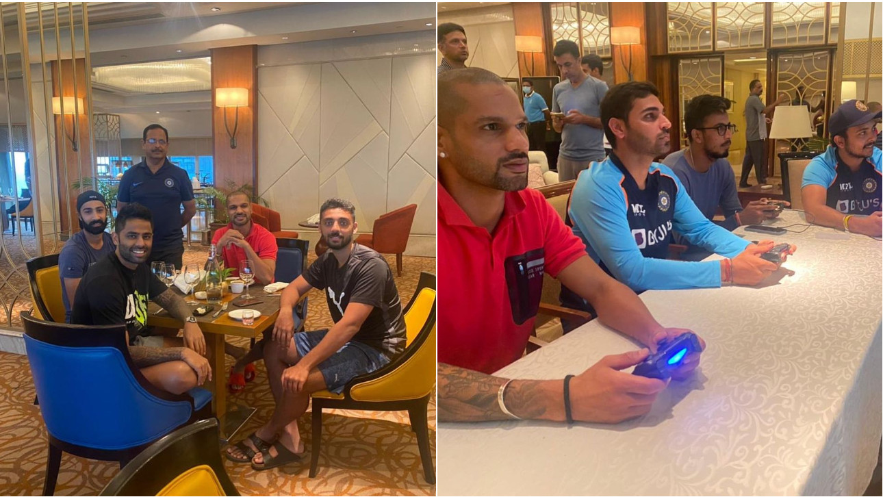 SL v IND: PICS- Shikhar Dhawan plays video games with Prithvi Shaw and Bhuvneshwar Kumar