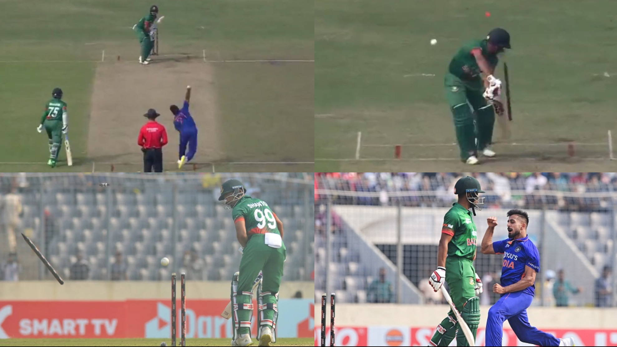 BAN v IND 2022: WATCH- Umran Malik’s 151 kph delivery sends Najmul Hossain’s off-stump go cartwheeling