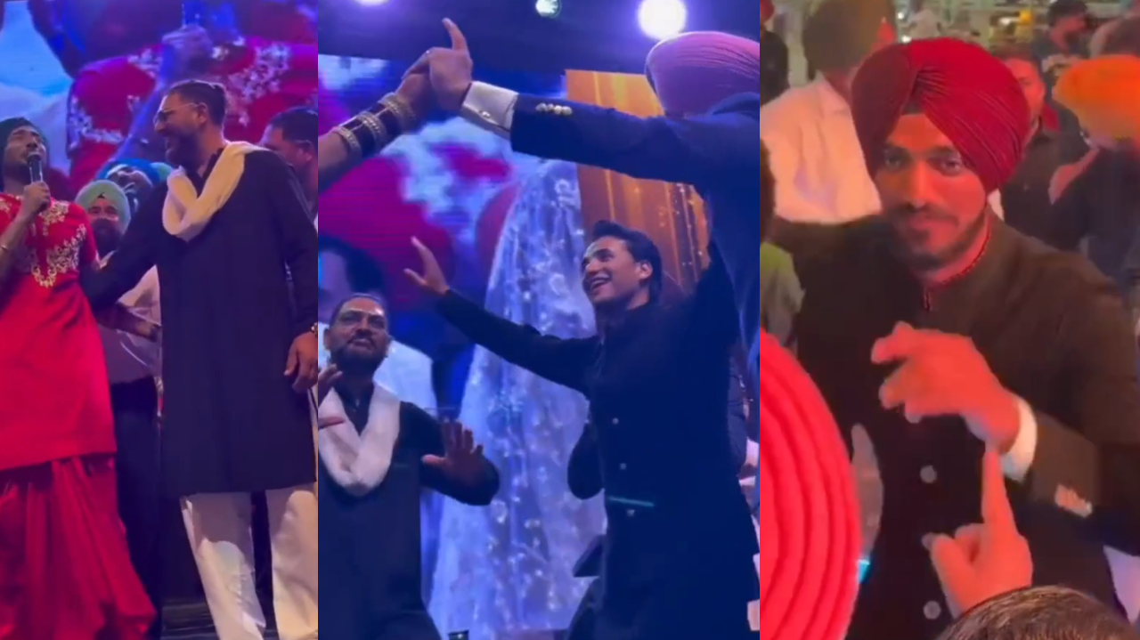 Yuvraj Singh, Arshdeep Singh and Abhishek Sharma at Ramandeep Singh's wedding reception | X