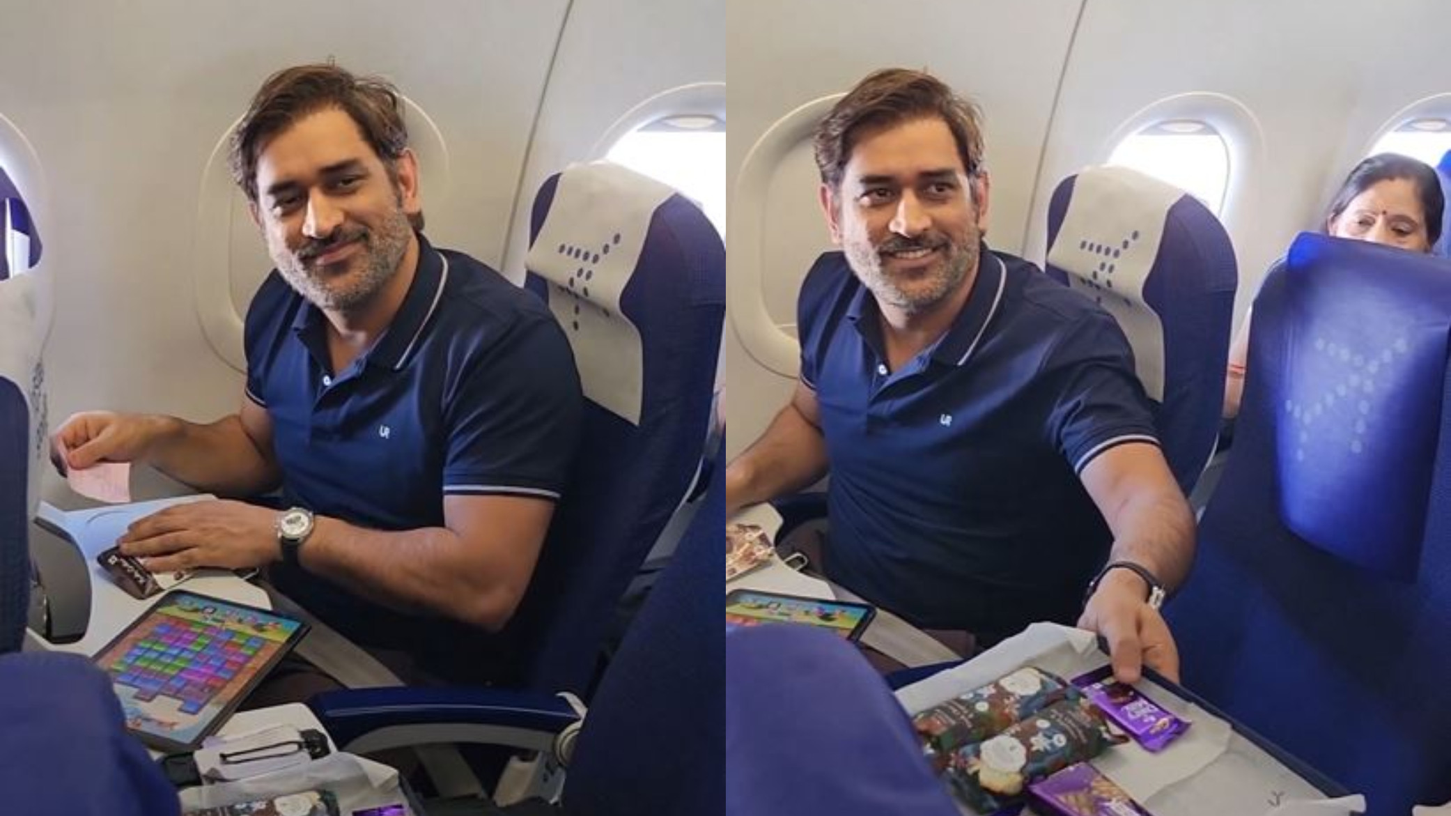 WATCH- MS Dhoni receives tray of chocolates from air hostess as he plays candy crush on his flight