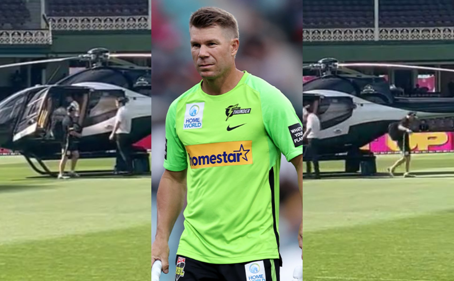 Warner arrives in SCG in a helicopter | X