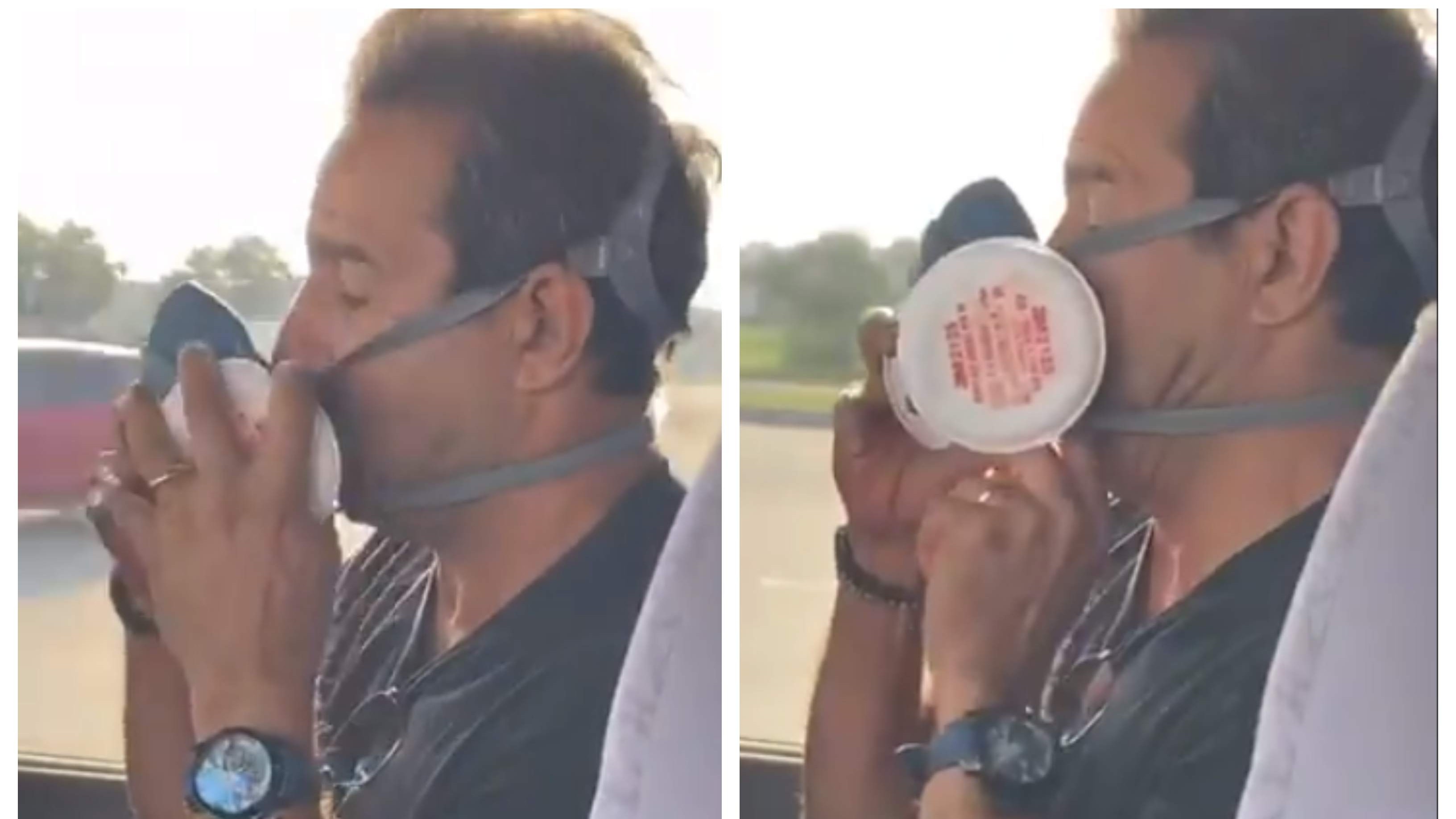 WATCH: Wasim Akram struggles to fix air purifying mask on his lower face amid COVID-19 crisis
