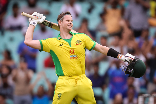 Steve Smith celebrates his hundred in the 2nd ODI against India | Getty Images