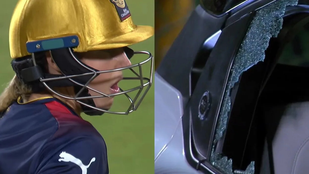 Ellyse Perry reacts after seeing that her six broke the car window | X