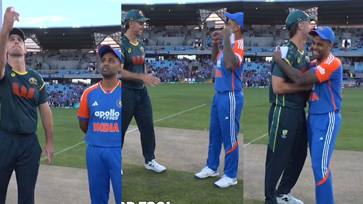 AUS v IND 2025: WATCH- Suryakumar Yadav's ecstatic celebration, hugs Mitchell Marsh after India wins the toss in 3rd T20I