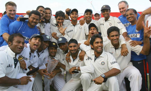 Team India after winning the series in 2006 with a victory in 3rd and final Test in Jamaica | Getty