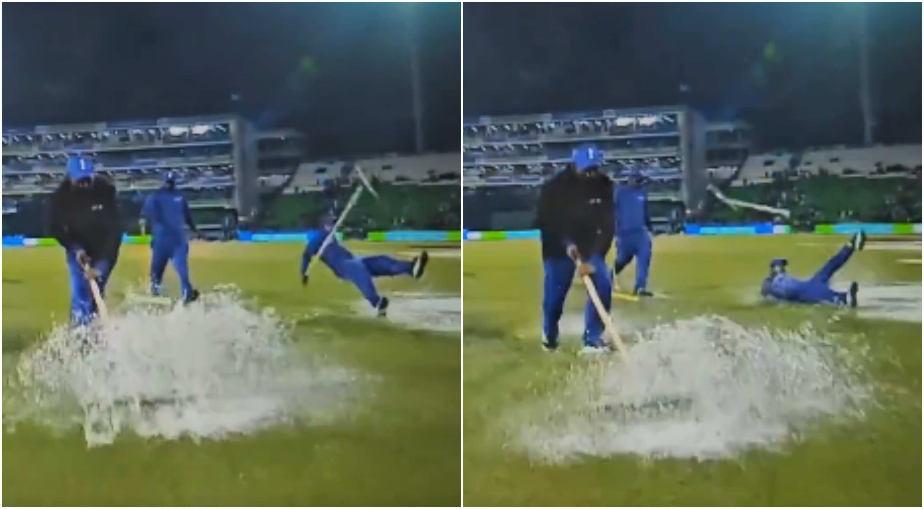 Pakistani groundstaff slipped and fell while trying to mop out water from the covers | Screengrab