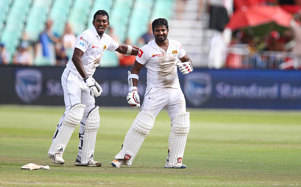 Vishwa Fernando celebrates Sri Lanka's win over South Africa with Kusal Perera in Durban | Getty Images 
