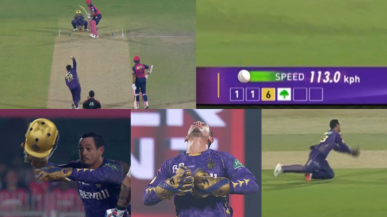 IPL 2025: WATCH- Varun Chakaravarthy bowls at 113 kph; Quinton de Kock throws off helmet to make the catch