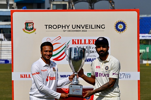 Shakib Al Hasan and KL Rahul unveils Test trophy | Getty Images 