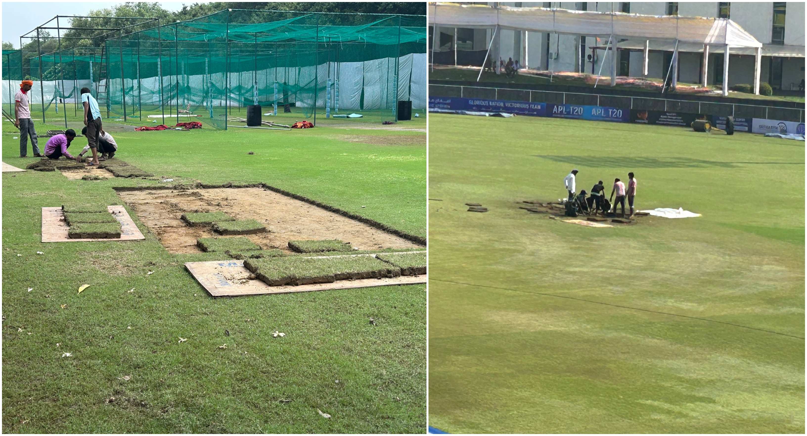 Ground staff trying to prepare the outfield for one-off Test | @Nitin_sachin/X