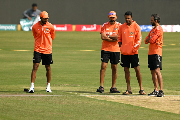 Indian players and support staff inspecting the Ranchi pitch | Getty