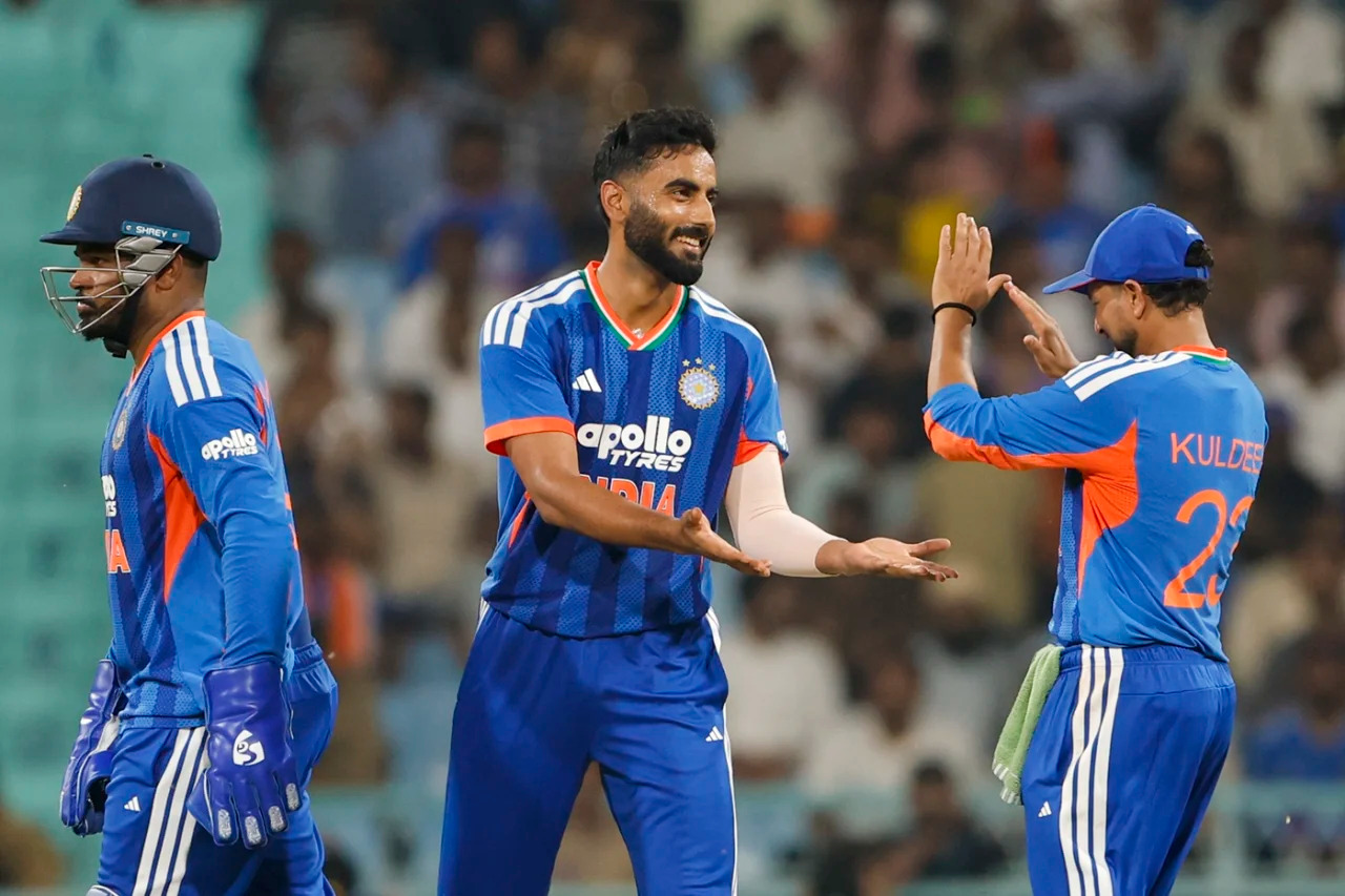 Naman Dhir picked 3/31 on his India T20I debut against Windies in Lucknow | Getty