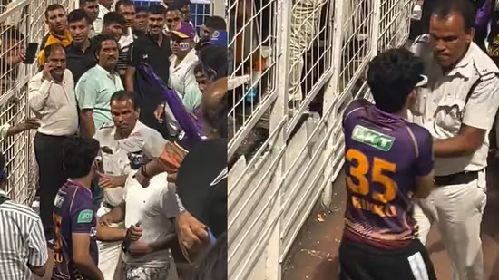 Rinku Singh fan got manhandled by the police for pocketing match ball during KKR v MI match | X