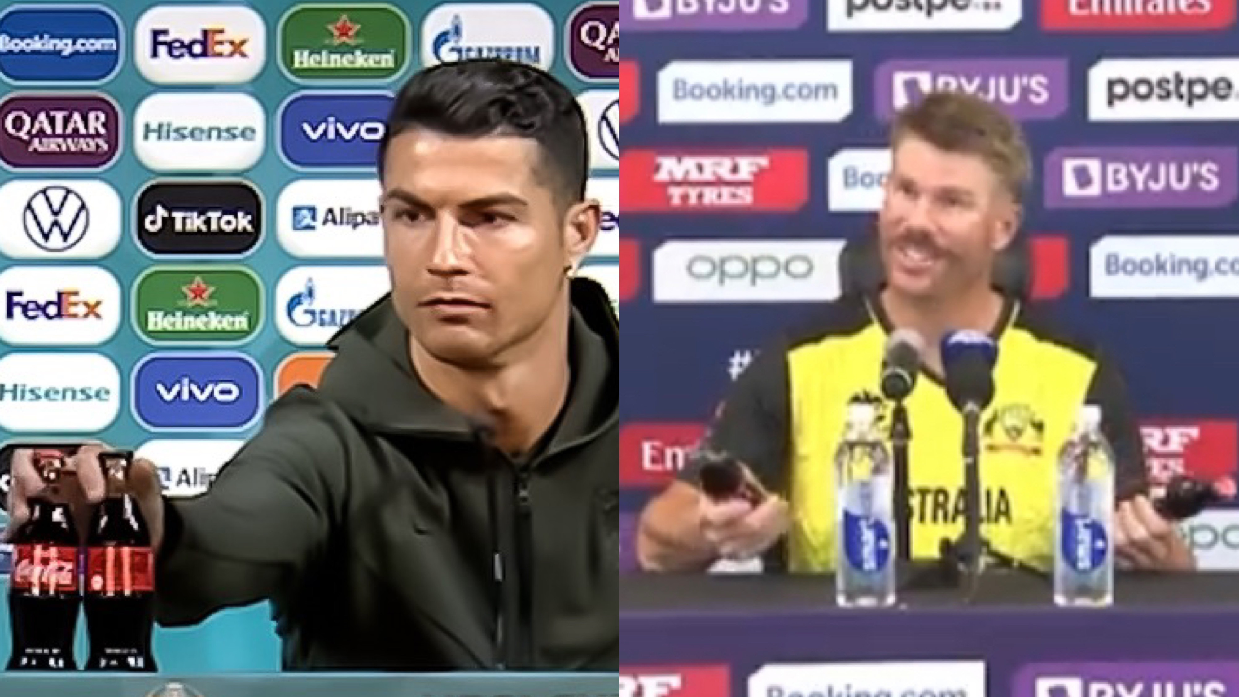 T20 World Cup 2021: WATCH - David Warner tries to do a Cristiano Ronaldo; told to put Coca-Cola bottles back