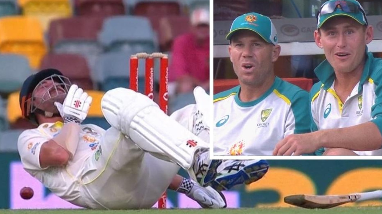 Labuschagne and Warner react to Head getting hit on his jaw by Wood beamer | Twitter