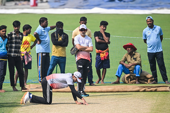 Gautam Gambhir and Shubman Gill inspect the Eden Gardens pitch | Getty