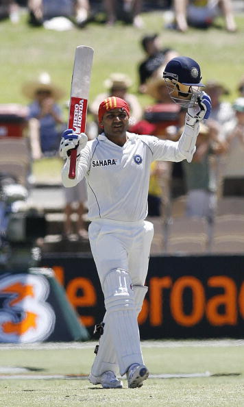 Sehwag celebrates his century in Adelaide Test in 2008 | Getty
