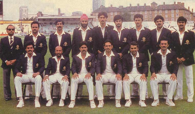 The 1983 Indian World Cup squad with manager Man Singh on far left