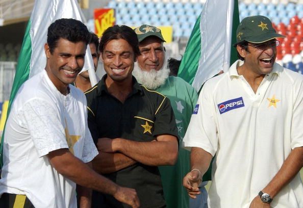Pakistan's fast bowling greats Waqar Younis, Shoaib Akhtar and Wasim Akram | AFP