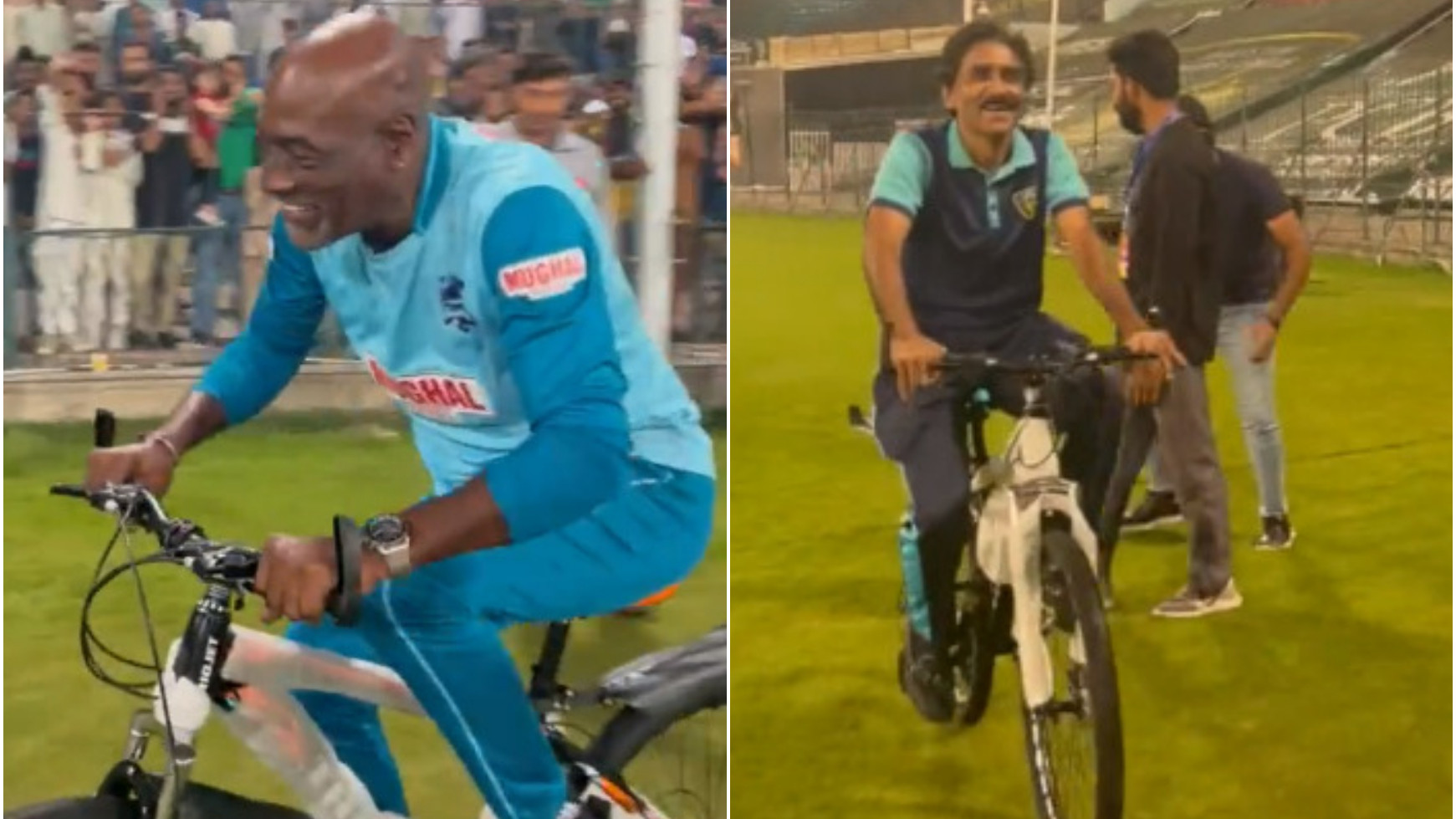 WATCH: Sir Vivian Richards, Javed Miandad entertain the crowd by cycling during a Pakistan Junior League match