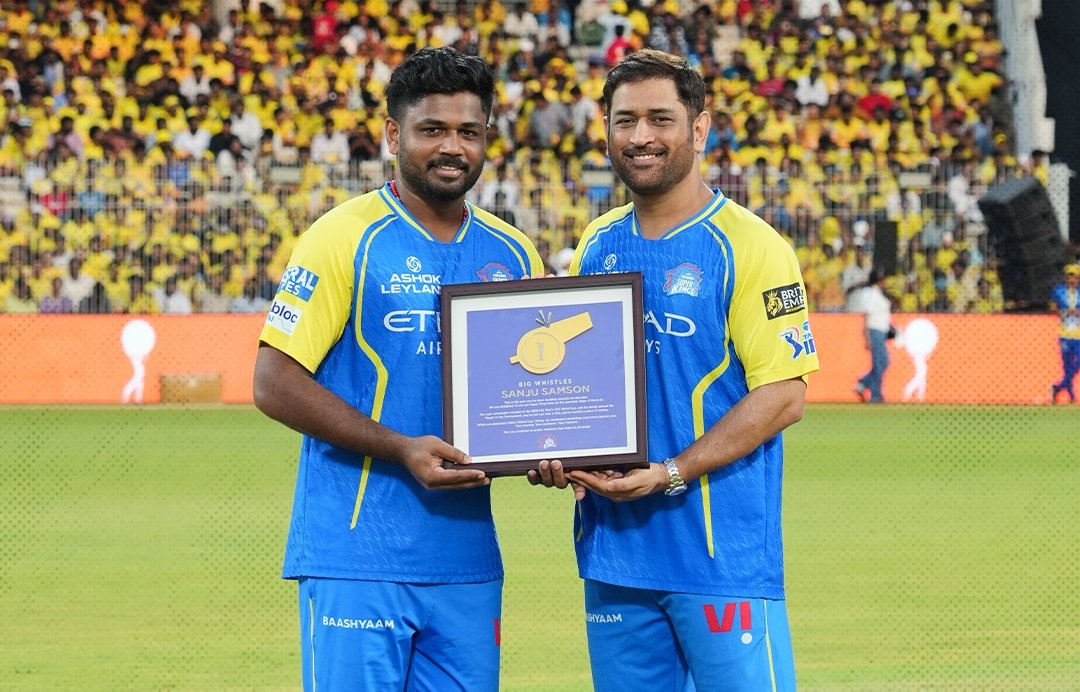 MS Dhoni and Sanju Samson during CSK Roar 26 event | CSK X