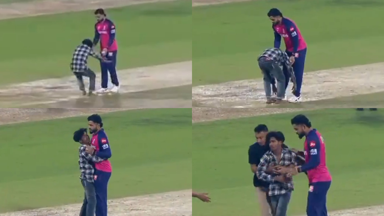 Riyan Parag got startled as a fan breached security to touch his feet | X