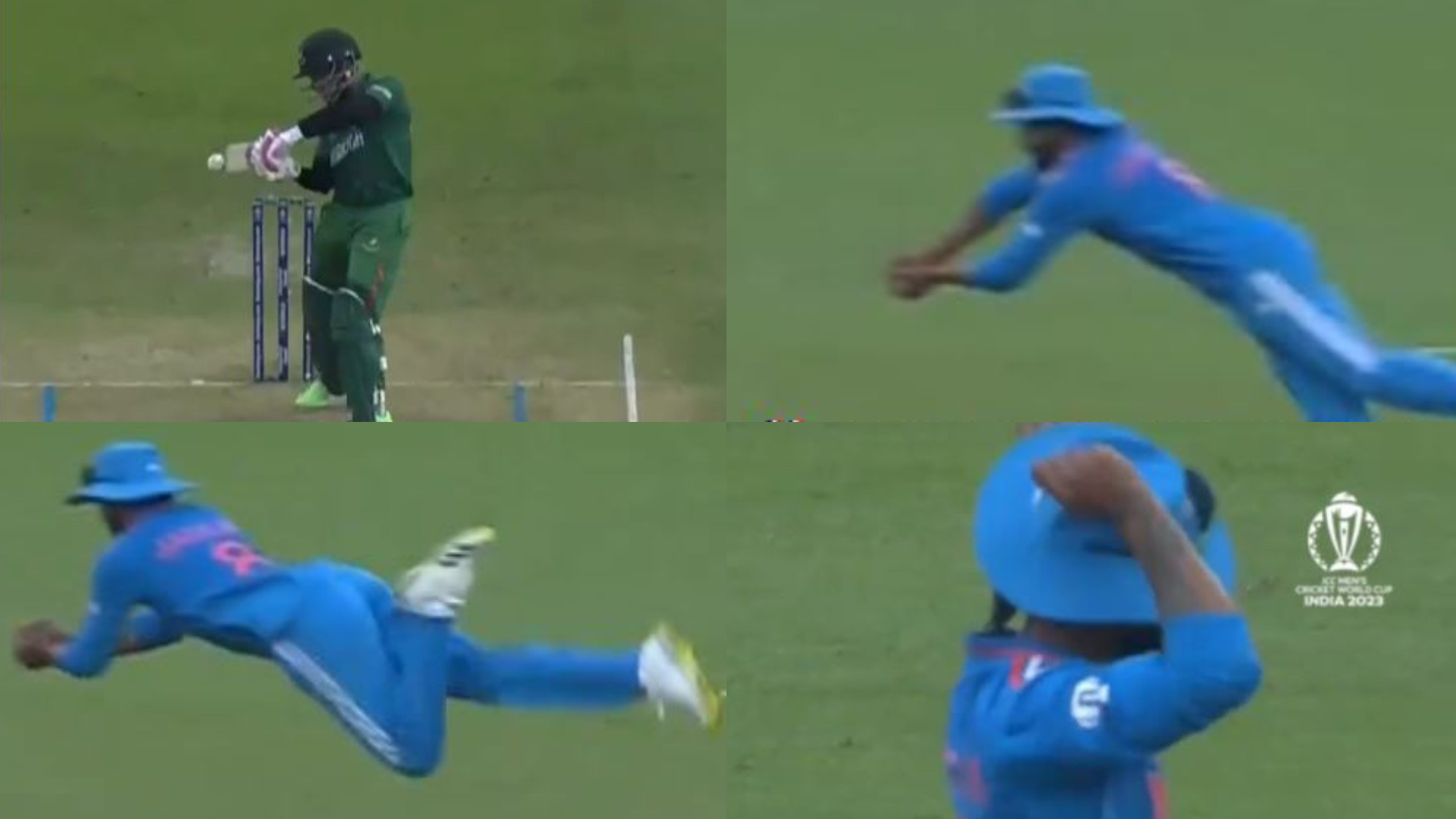 CWC 2023: WATCH- Ravindra Jadeja takes a diving stunner to send back Mushfiqur; signals to T Dilip for fielding medal