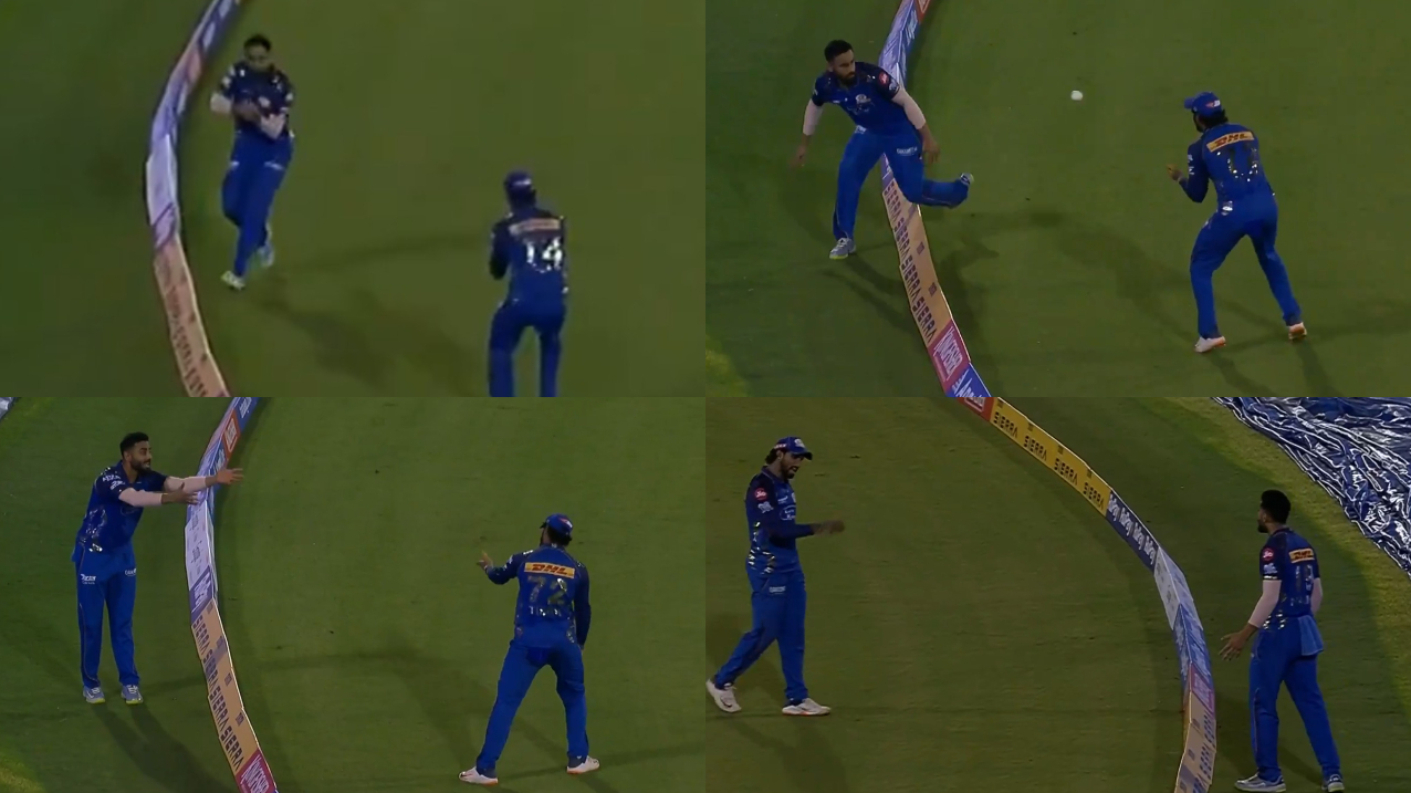 Naman Dhir and Tilak Varma argue after missing Krunal Pandya's catch | X