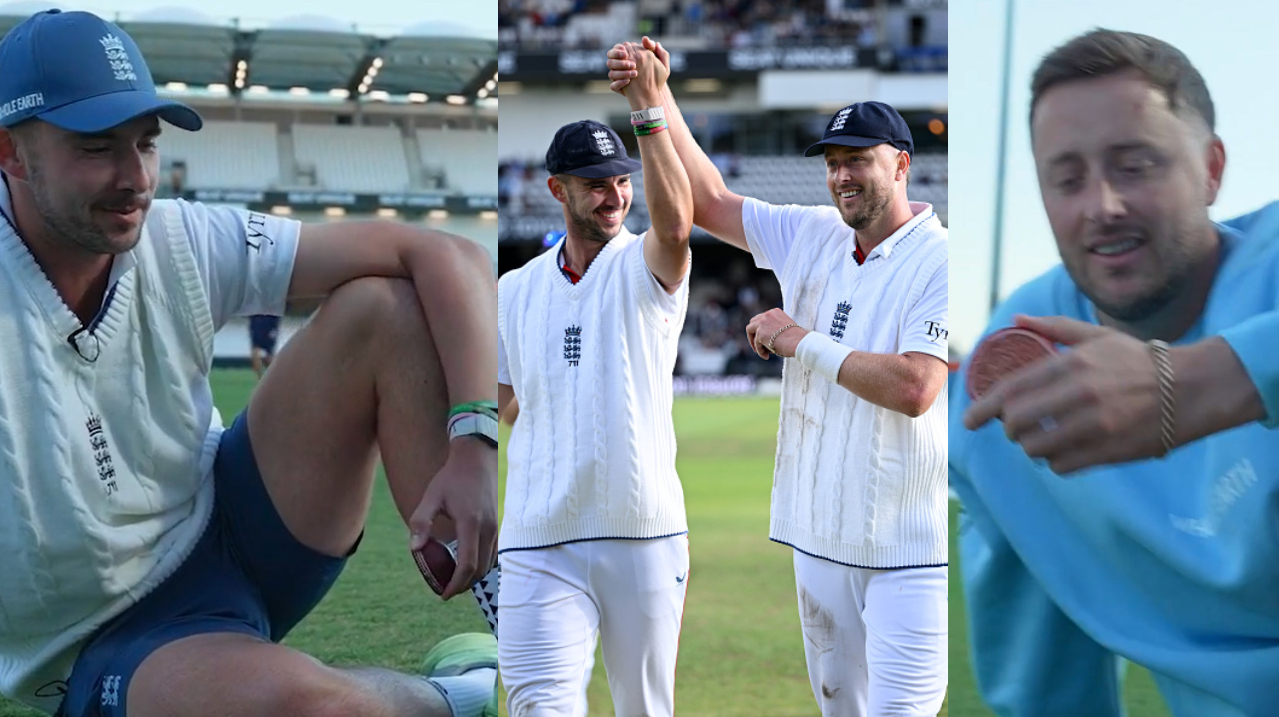 Ollie Robinson and Josh Tongue shared the match ball after slicing it in half | ECB X/ Getty