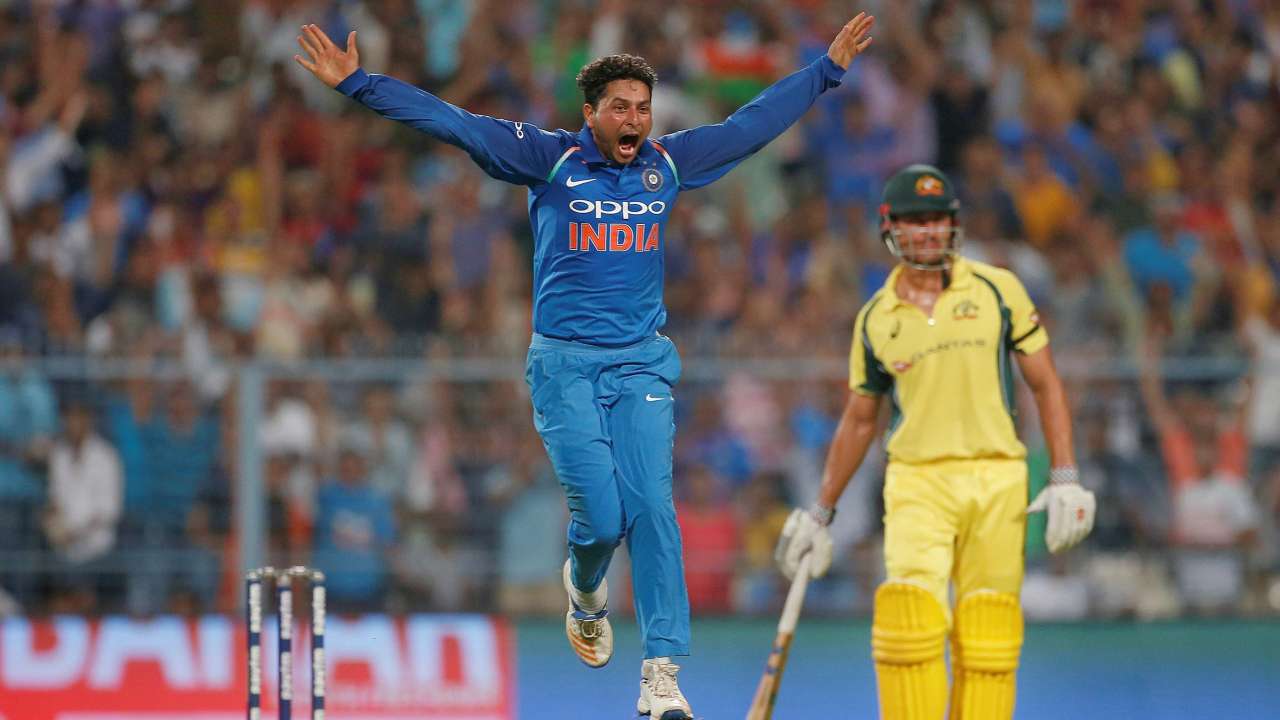Kuldeep Yadav celebrates his hat-trick against Australia | Reuters
