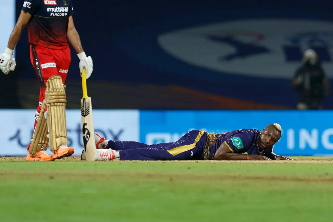 IPL | Andre Russel in action against RCB at the DY Patil Stadium