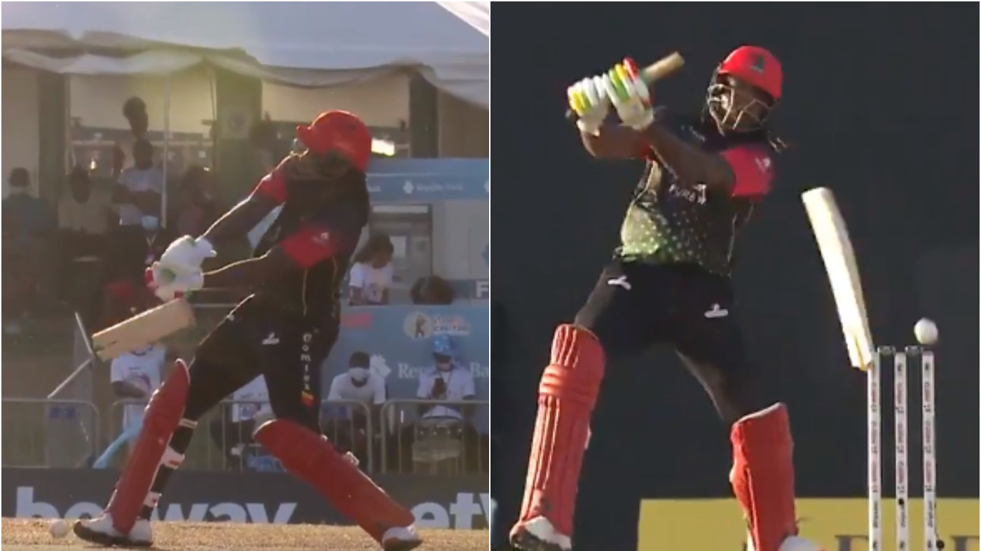 CPL 2021: WATCH - Odean Smith breaks Chris Gayle's bat into two pieces 