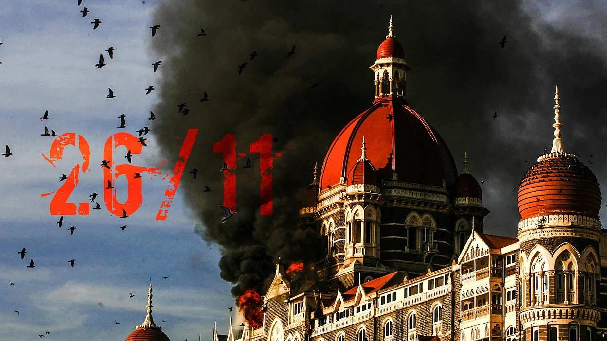 A burning Taj Hotel which saw heavy firing and use of grenade during the hostage situation
