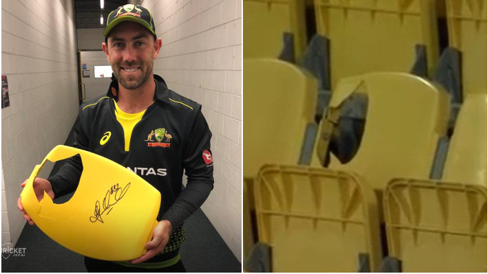 NZ v AUS 2021: Glenn Maxwell signs a seat for charity after breaking it with a six