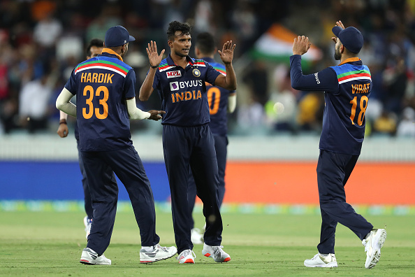 T Natarajan returned with figures of 3/30 in his 4 overs in the 2nd T20I | Getty Images