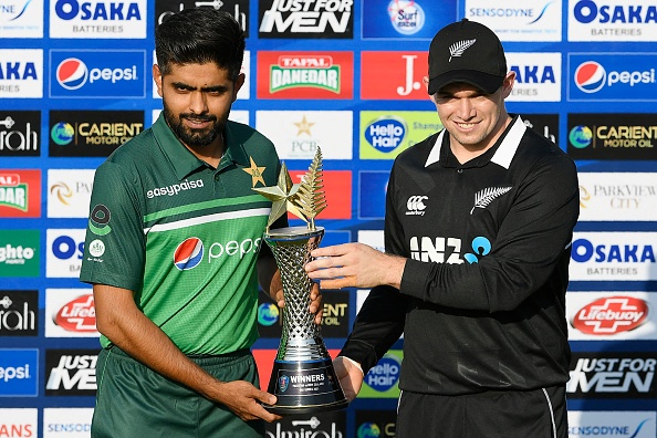 Babar Azam and Tom Latham poses with the ODI trophy | Getty Images