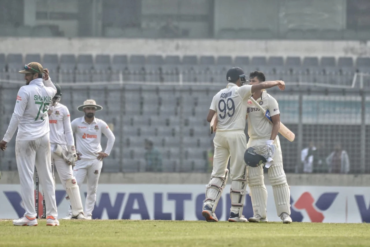 Iyer and Ashwin share a hug after India wins by 3 wickets in the second Test in Dhaka | AP