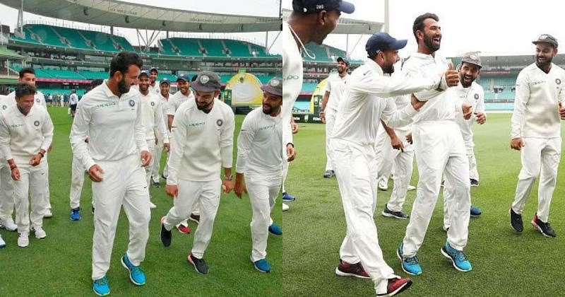 Cheteshwar Pujara dancing after India won the Test series in Australia in 2018-19 | Twitter