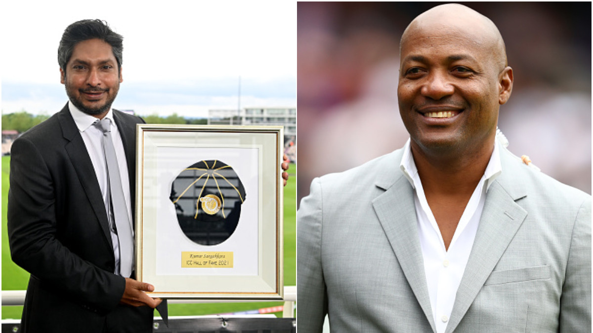 Brian Lara congratulates Kumar Sangakkara on his ICC Hall of Fame induction