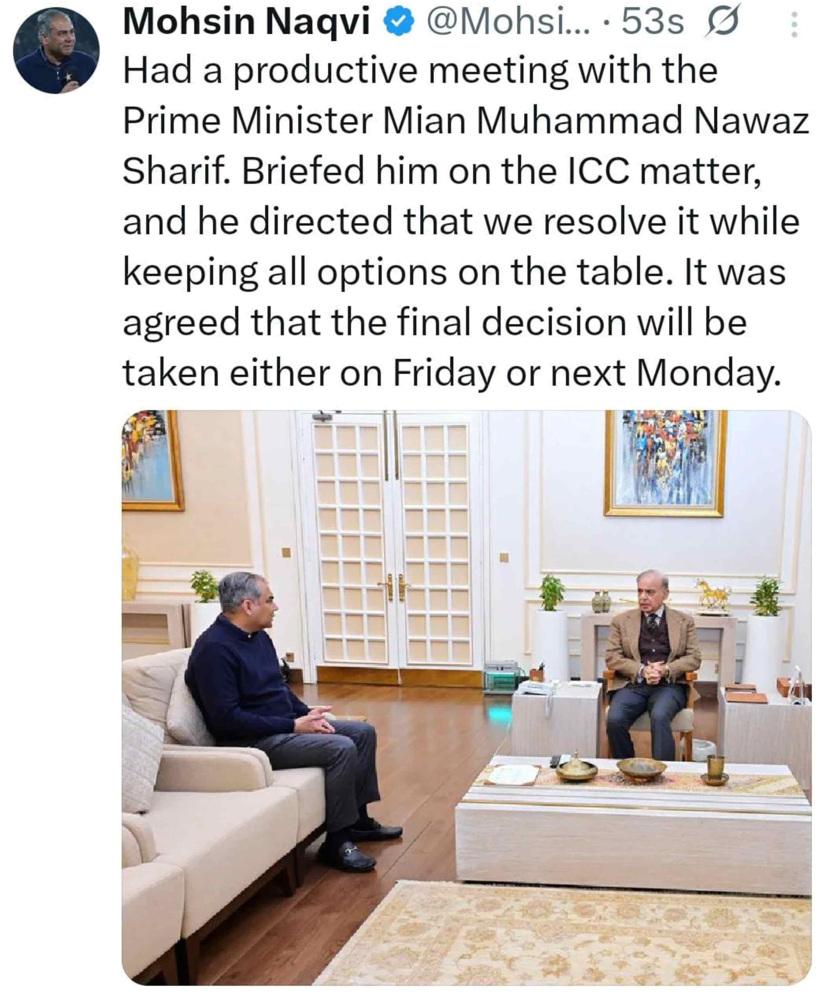 Screenshot of Mohsin Naqvi's initial post | X